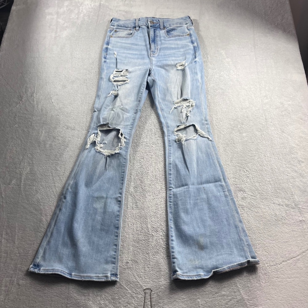 American Eagle Curvy Super High-Rise Flare Distressed Jeans Light Wash Size 4
